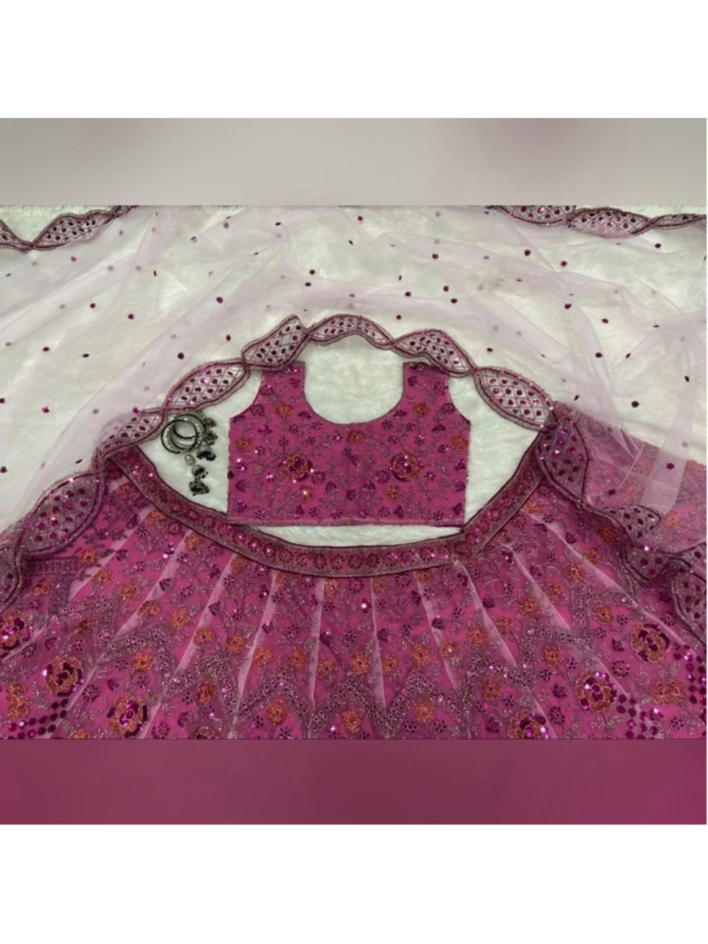 Rose Pink Net Sequins embroidered Flared Style Lehenga Choli - Picture 6 of 8